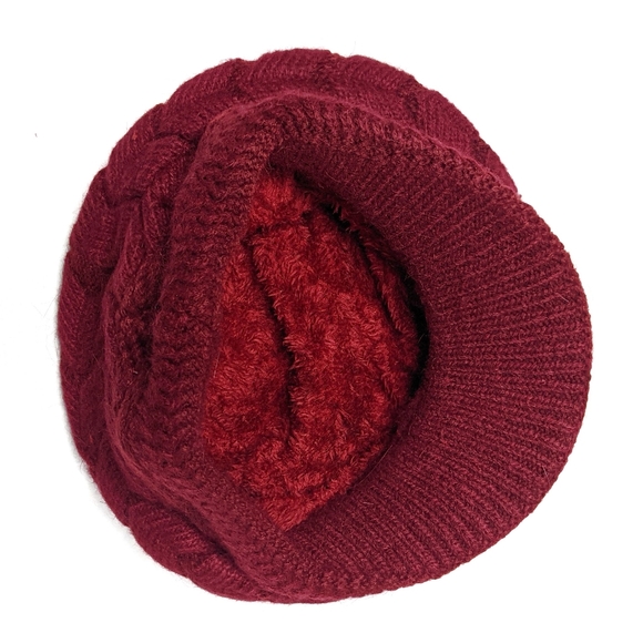 Knitted Rabbit Fur Lined Wool Beret Hat Maroon - Picture 5 of 6